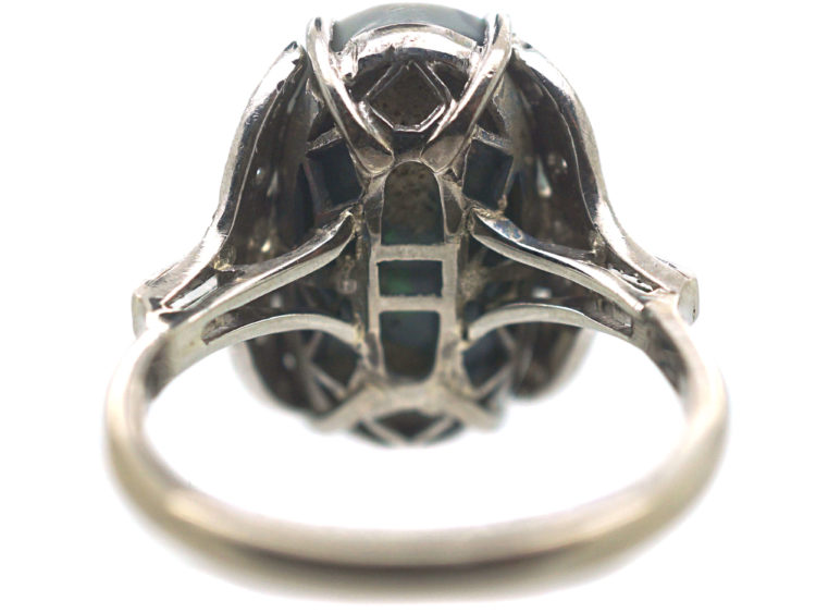 Art Deco 18ct White Gold, Black Opal & Diamond Ring