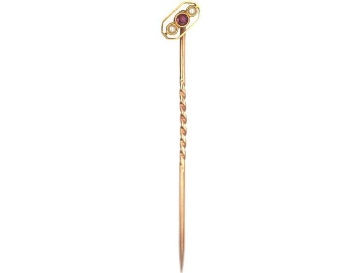 Art Deco 15ct Gold Ruby & Natural Split Pearl Tie Pin