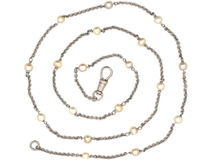Art Deco 18ct White Gold & Natural Pearls Chain with Dog Clip