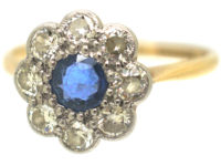 Edwardian 18ct Gold & Platinum Sapphire & Diamond Cluster Ring