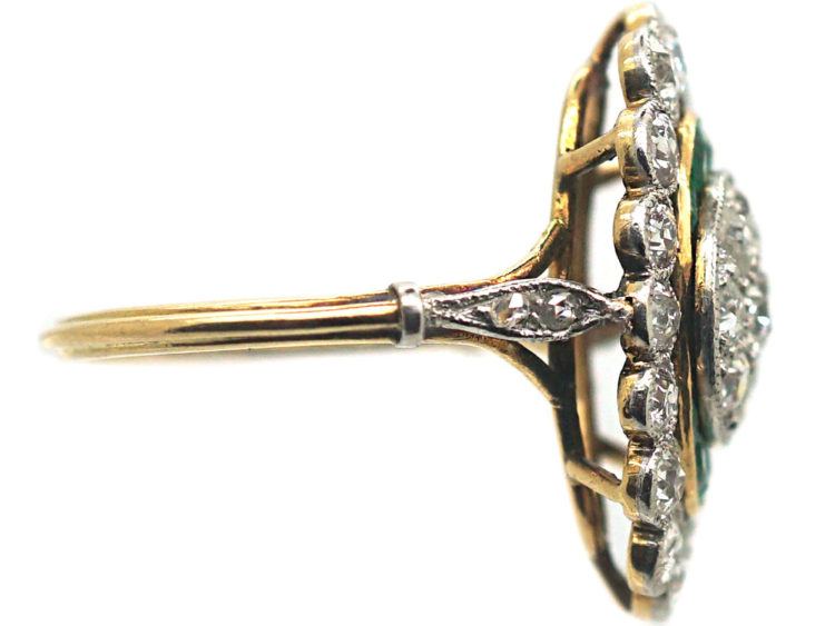 French Art Deco 18ct Gold & Platinum, Emerald & Diamond Ring with Central Diamond Cluster