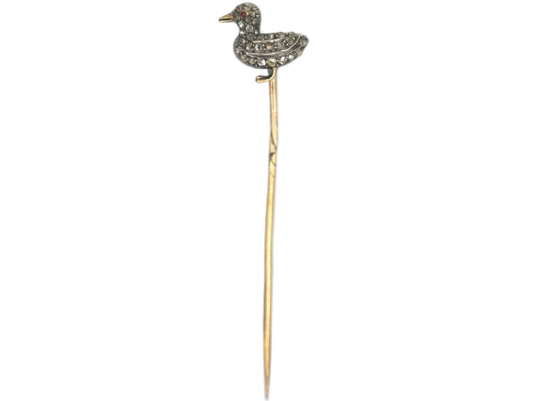 Edwardian Rose Diamond Baby Duck Tie Pin with Ruby Eye