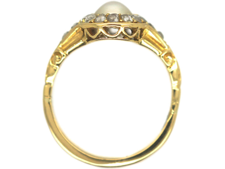 Edwardian 18ct Gold, Natural Pearl & Rose Diamond Cluster Ring