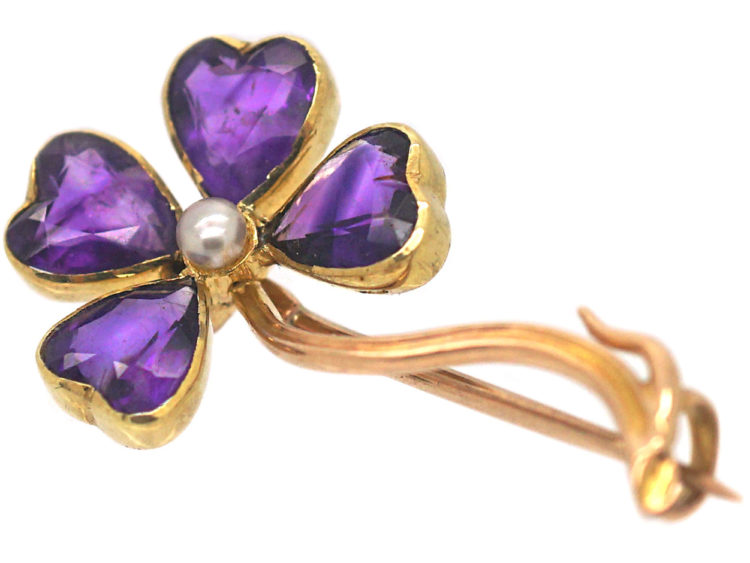 Edwardian 15ct Gold Amethyst & Natural Pearl Four Leaf Clover Brooch
