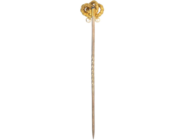 Edwardian 15ct Gold Lover's Knot Tie Pin with Two Pearls
