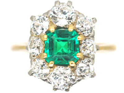 Art Deco 18ct Gold Emerald & Diamond Rectangular Cluster Ring