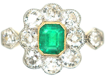 Edwardian 18ct Gold, Emerald & Diamond Cluster Ring with Diamond Set Shoulders