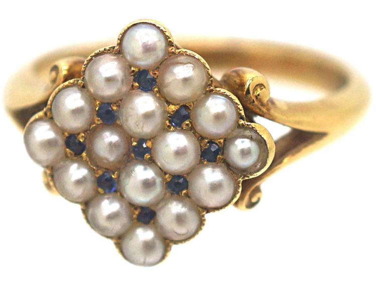 Edwardian 18ct Gold Pave Set Natural Split Pearls & Sapphires Diamond Shaped Ring