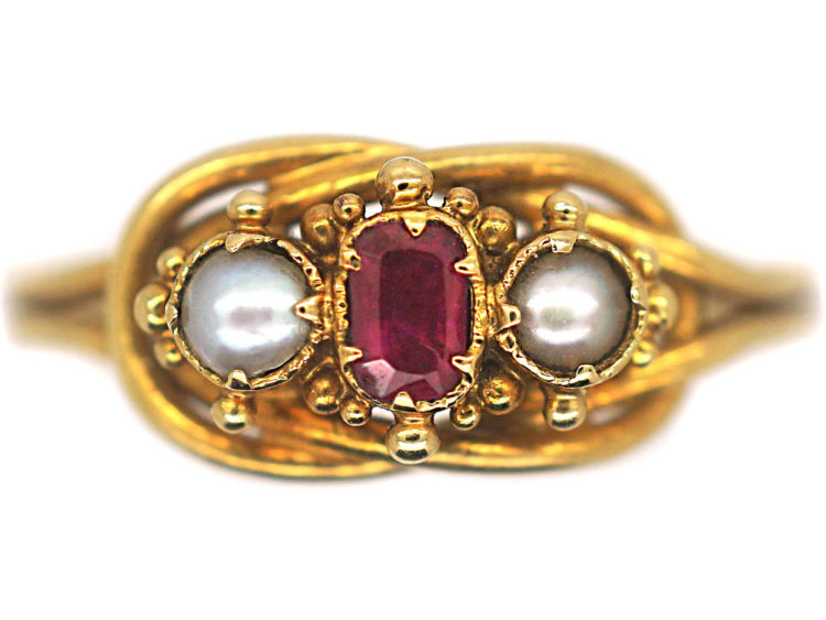 Early Victorian 18ct Gold, Ruby & Natural Pearl Lover's Knot Design Ring
