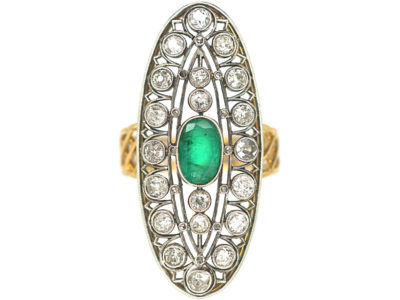 Art Deco Large 18ct Gold & Platinum, Emerald & Diamond Oval Shaped Ring