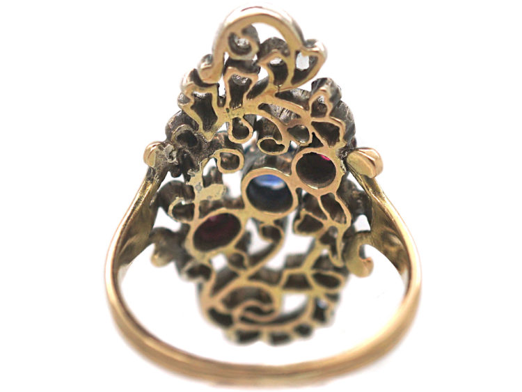 Art Nouveau Austrian 14ct Gold, Ruby Sapphire & Rose Diamond Floral Ring