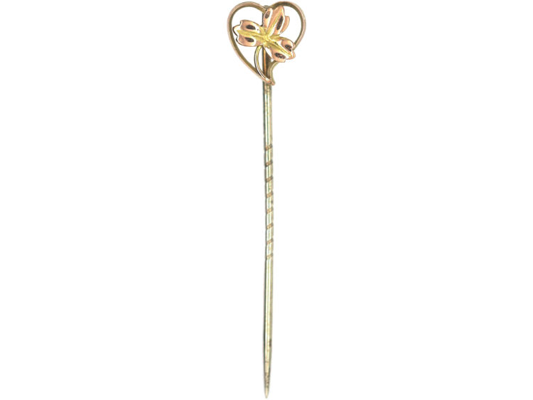 Edwardian 9ct Gold Three Leaf Clover within a Heart Tie Pin