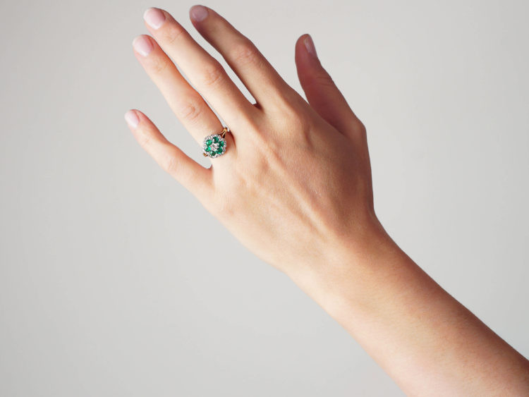 Edwardian 18ct Gold, Emerald & Diamond Flower Cluster Ring