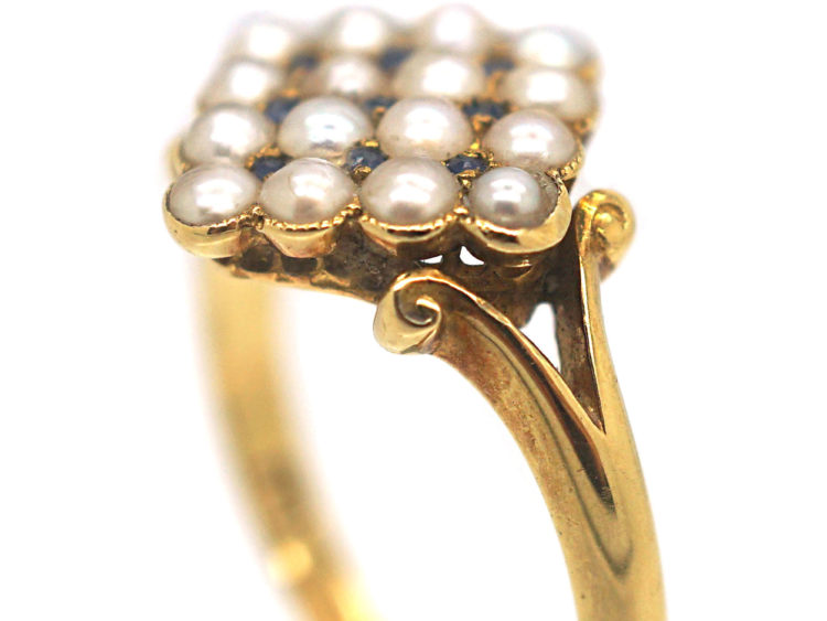 Edwardian 18ct Gold Pave Set Natural Split Pearls & Sapphires Diamond Shaped Ring