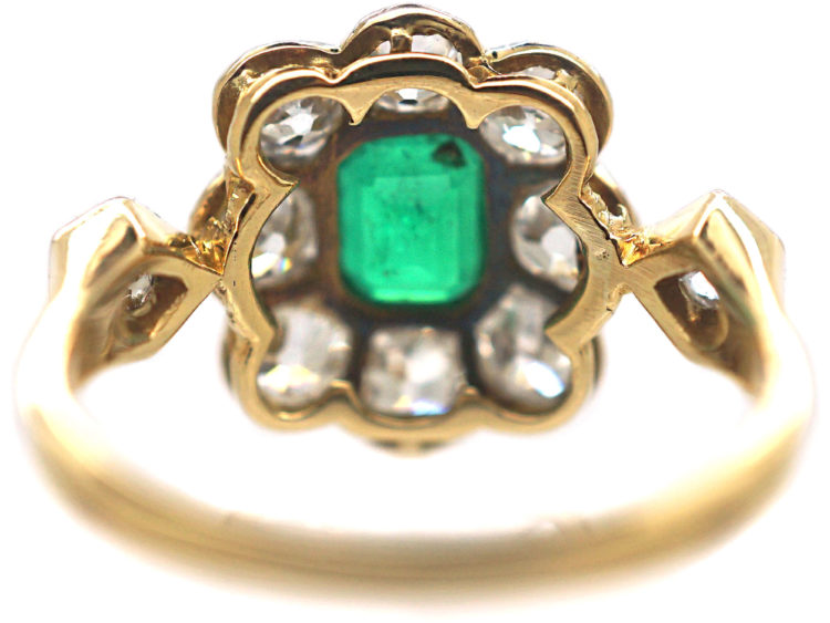 Edwardian 18ct Gold, Emerald & Diamond Cluster Ring with Diamond Set Shoulders