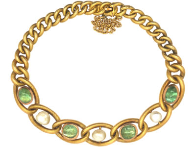 French 18ct Gold, Cabochon Emerald & Natural Pearl Bracelet