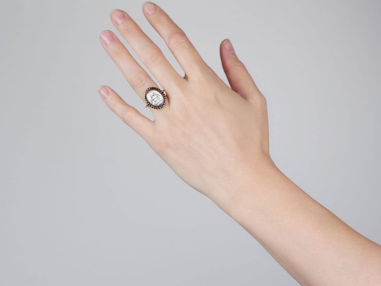 Georgian 9ct Gold Miniature Ring with Two Love Birds Surrounded by Flat Cut Garnets
