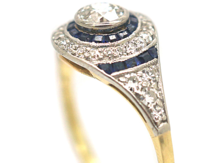 Art Deco 18ct Gold & Platinum, Sapphire & Diamond Target Ring
