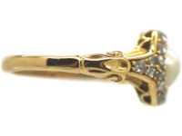 Edwardian 18ct Gold, Natural Pearl & Rose Diamond Cluster Ring