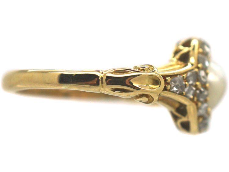 Edwardian 18ct Gold, Natural Pearl & Rose Diamond Cluster Ring