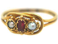 Early Victorian 18ct Gold, Ruby & Natural Pearl Lover's Knot Design Ring