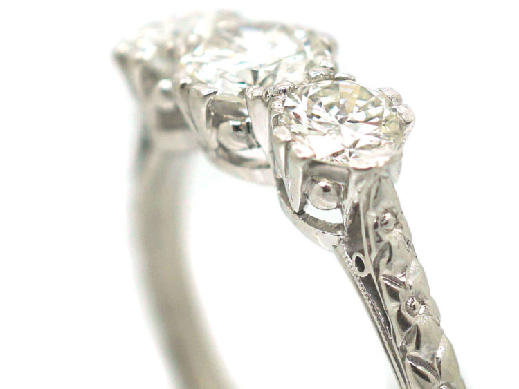 Art Deco Platinum, Three Stone Diamond Ring with Engraved Floral Shank