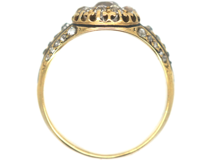 Victorian 18ct Gold & Diamond Cluster Ring with Black Enamel