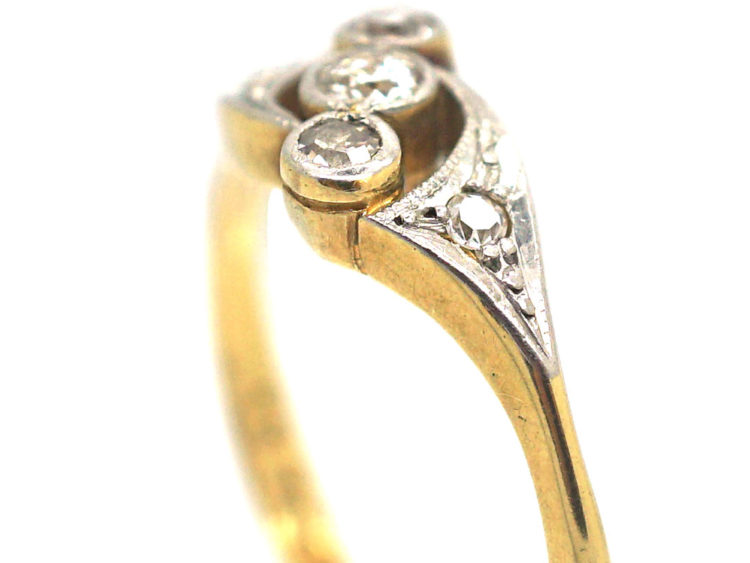 Edwardian 18ct Gold & Platinum, Three Stone Crossover Ring with Diamond Set Shoulders