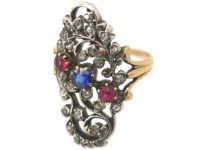 Art Nouveau Austrian 14ct Gold, Ruby Sapphire & Rose Diamond Floral Ring