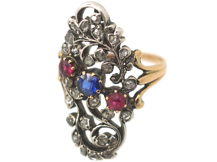 Art Nouveau Austrian 14ct Gold, Ruby Sapphire & Rose Diamond Floral Ring