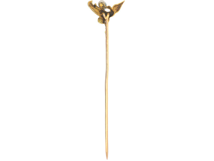 Art Nouveau 18ct Gold Tie Pin of a Stork with a Pearl in its Beak