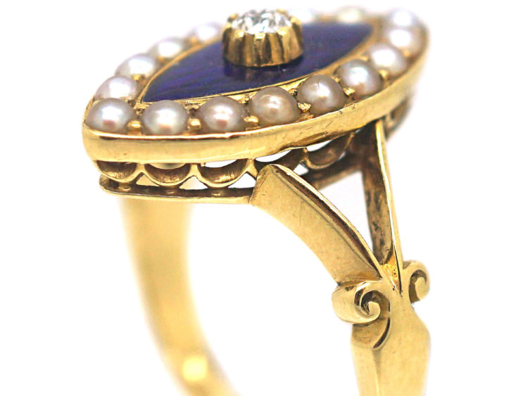Victorian 18ct Gold, Blue Enamel, Natural Split Pearls & Diamond Navette Shaped Ring