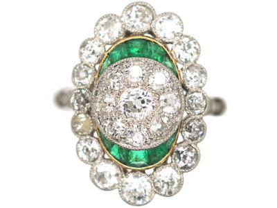 French Art Deco 18ct Gold & Platinum, Emerald & Diamond Ring with Central Diamond Cluster