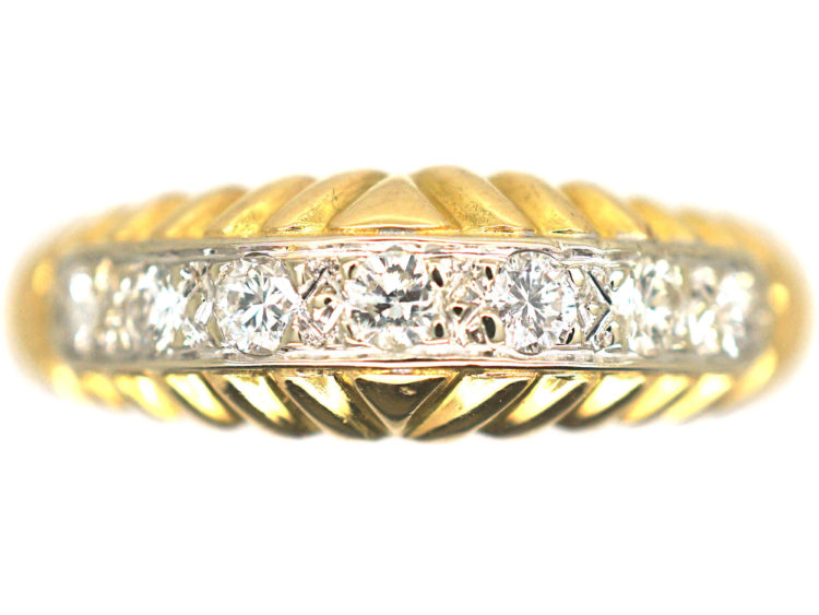 French 18ct Gold Diamond Ring with Line Pattern