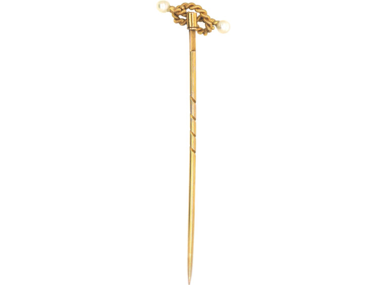 Edwardian 15ct Gold Knot Tie Pin set with Two Natural Pearls