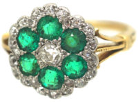 Edwardian 18ct Gold, Emerald & Diamond Flower Cluster Ring