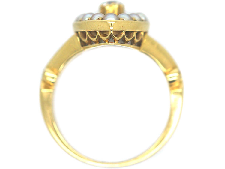 Victorian 18ct Gold, Blue Enamel, Natural Split Pearls & Diamond Navette Shaped Ring