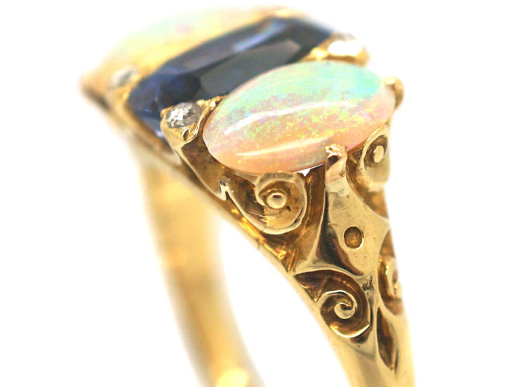 Victorian 18ct Gold Sapphire & Opal Three Stone Carved Half Hoop Ring with Rose Diamond Points