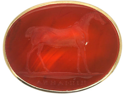 Georgian 18ct Gold & Carnelian Ring with Intaglio of Racehorse