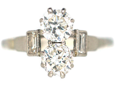 Art Deco Two Stone Diamond Ring with Baguette Diamond Shoulders