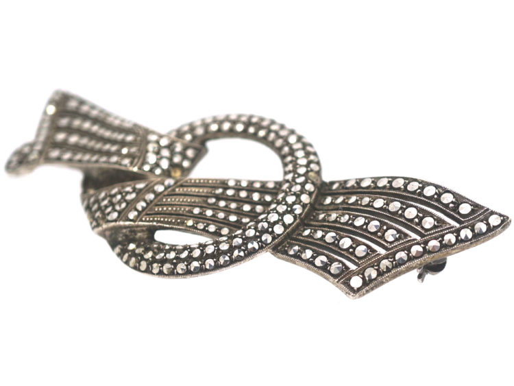 Art Deco Large Silver & Marcasite Bow Brooch