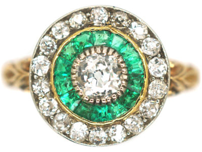 Art Deco 18ct Gold, Emerald & Diamond Target Ring