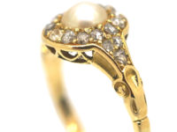 Edwardian 18ct Gold, Natural Pearl & Rose Diamond Cluster Ring