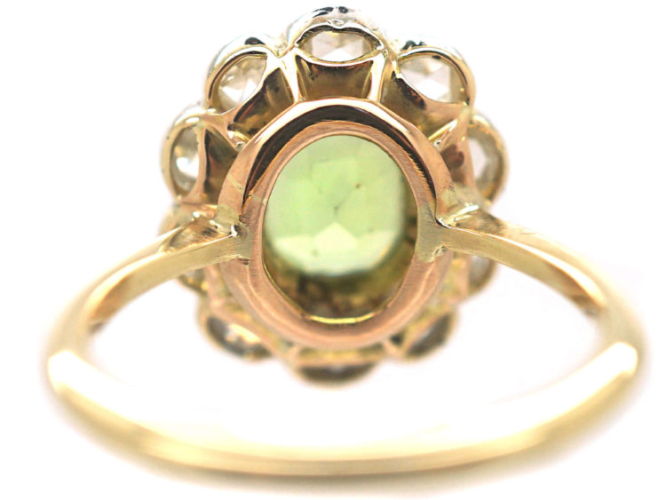 Edwardian 18ct Gold & Platinum, Peridot & Rose Diamond Cluster Ring