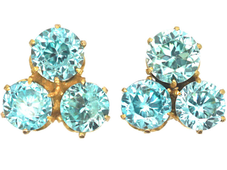 Art Deco 18ct Gold & Zircon Trefoil Design Earrings