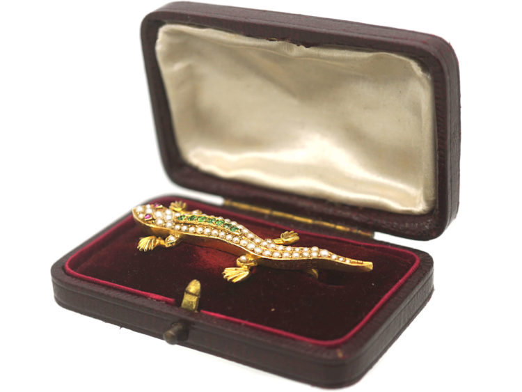 Edwardian 15ct Gold Salamander Brooch set with Natural Split Pearls, Green Garnets & Cabochon Rubies in Original Case