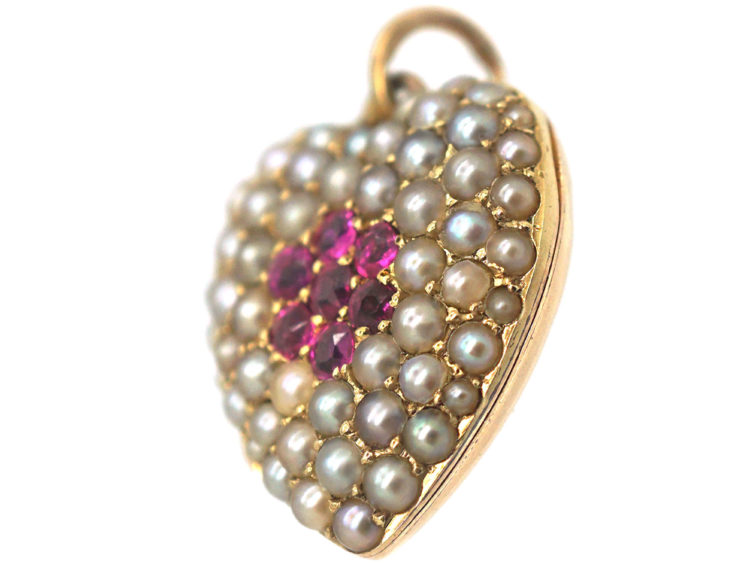Edwardian 15ct Gold Heart Shaped Locket set with Rubies & Natural Split Pearls