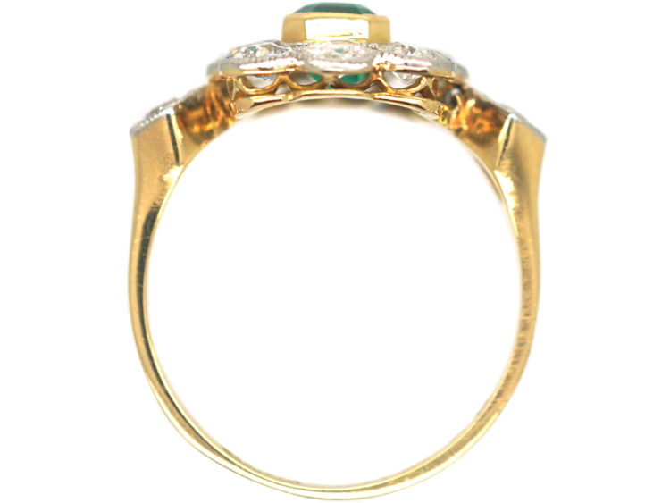 Edwardian 18ct Gold, Emerald & Diamond Cluster Ring with Diamond Set Shoulders