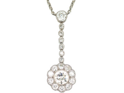 Edwardian Platinum & Diamond Cluster Pendant on Platinum Chain
