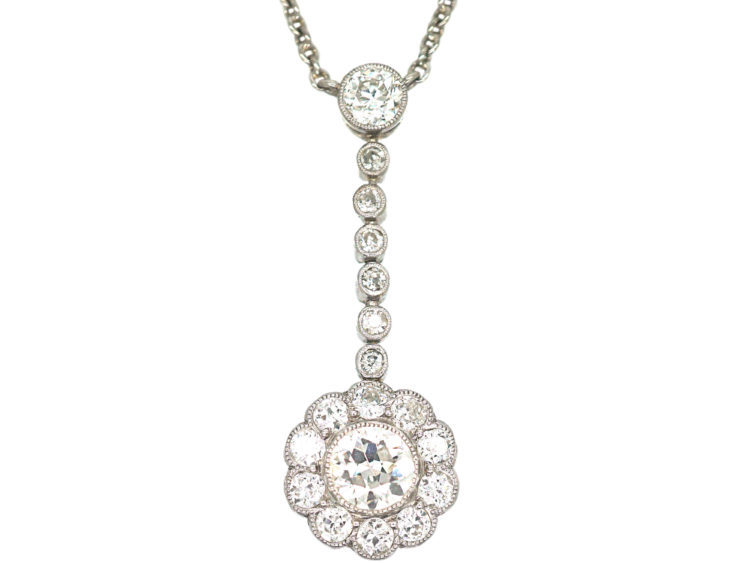 Edwardian Platinum & Diamond Cluster Pendant on Platinum Chain